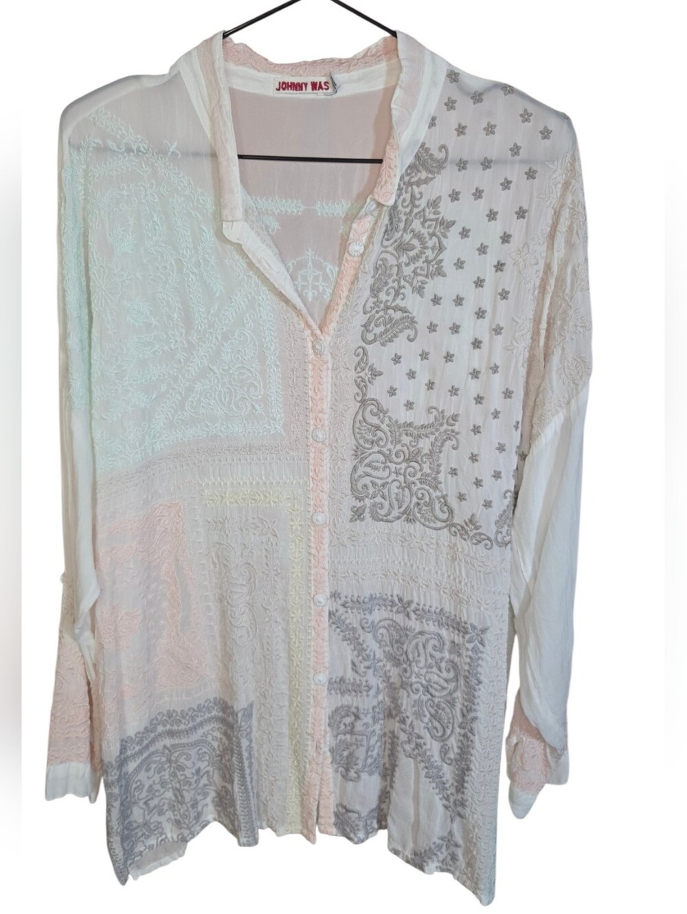 Johnny Was Cream & Pink Embroidered Button-Down Summer Shirt- Size M